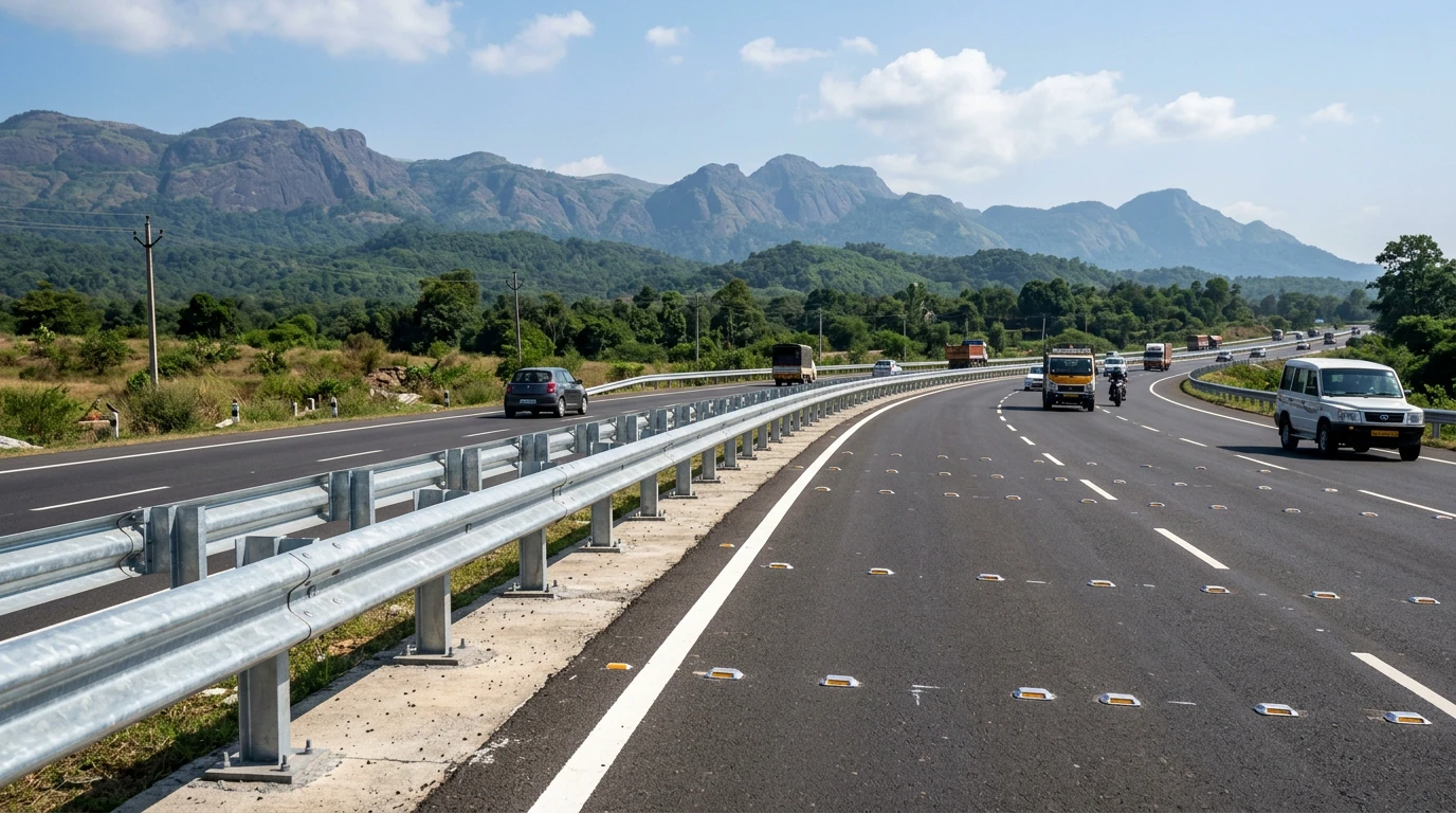 National highway with newly installed crash barriers and lane markings