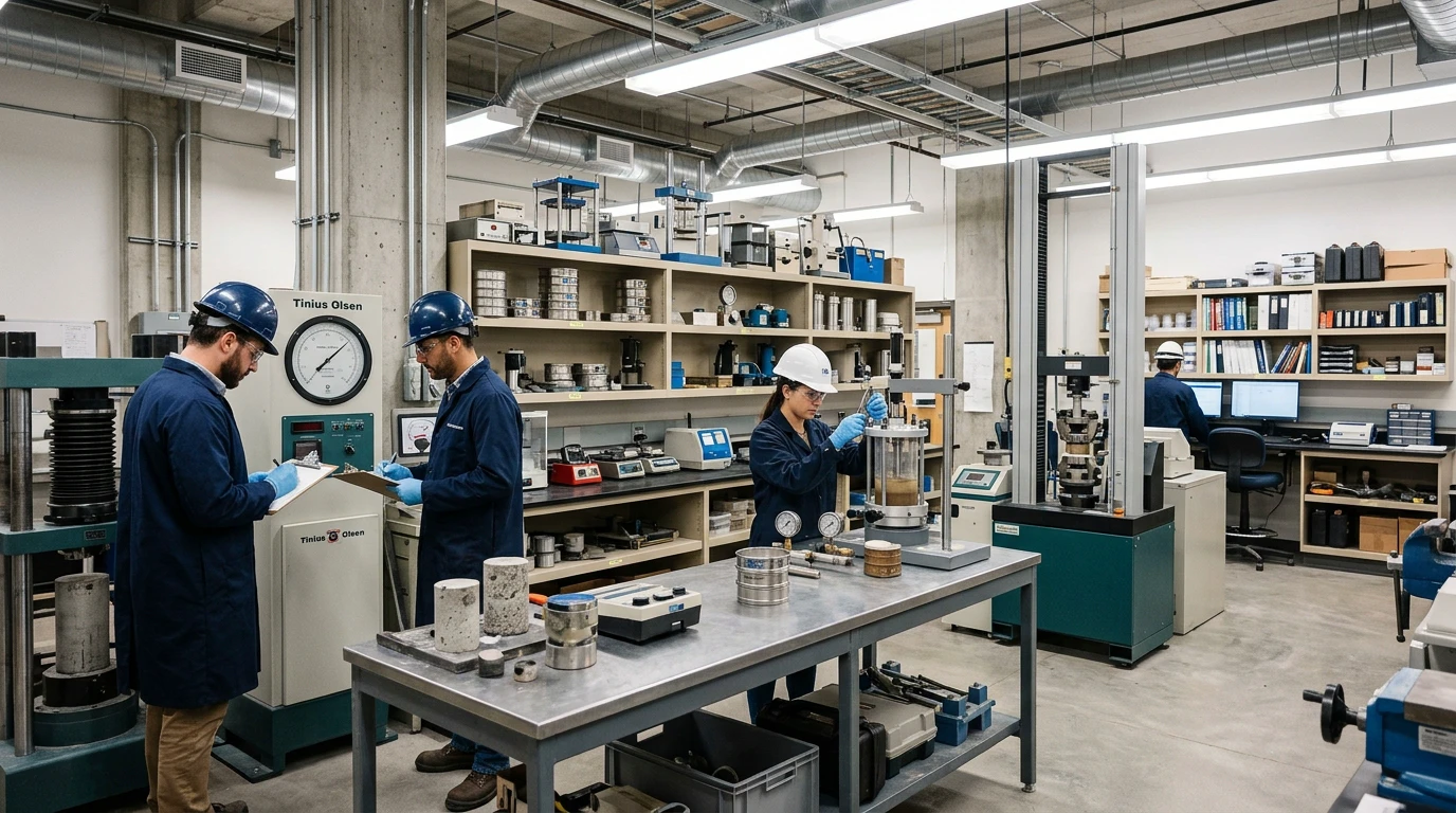 Technicians inspecting material-testing equipment in a laboratory